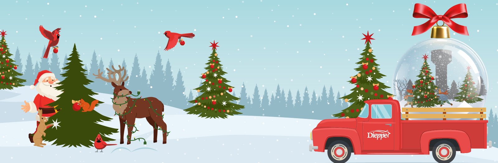 Winter banner with Santa Claus and a red car. 