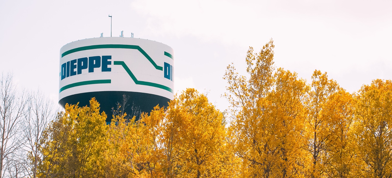 Dieppe water tower surrounded by fall leaves